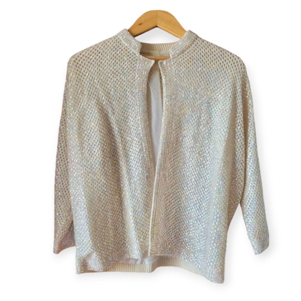 Vintage 60s Sequined Evening Cardigan in cream size large